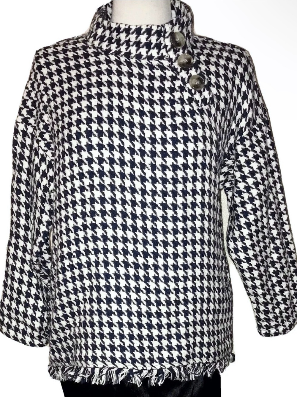 NWT Zara Blue & White Houndstooth High Neck Top Blouse  XS